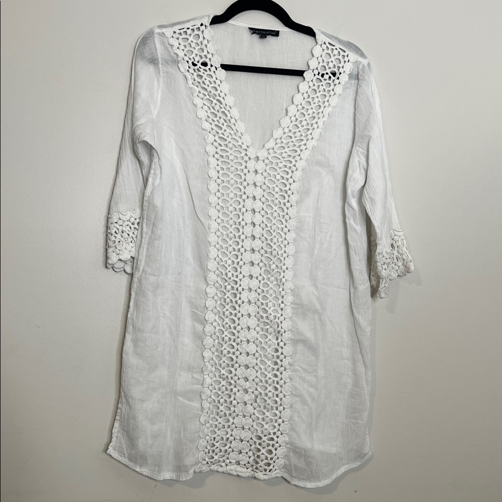 White Beach Dress Sheer V Neck Emrbroider Lace TShirt Dress with side slits